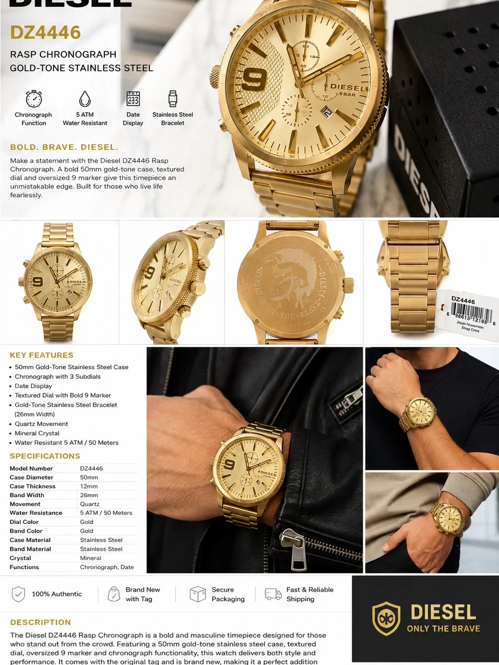Diesel Men’s All-Gold Chronograph Bracelet Watch